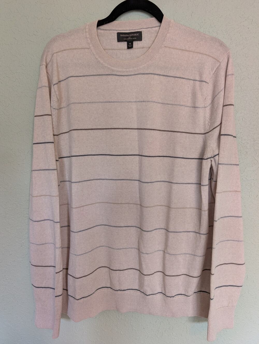 Banana Republic 100% Merino Wool Men's Tan White Striped Sweater Crewneck XL